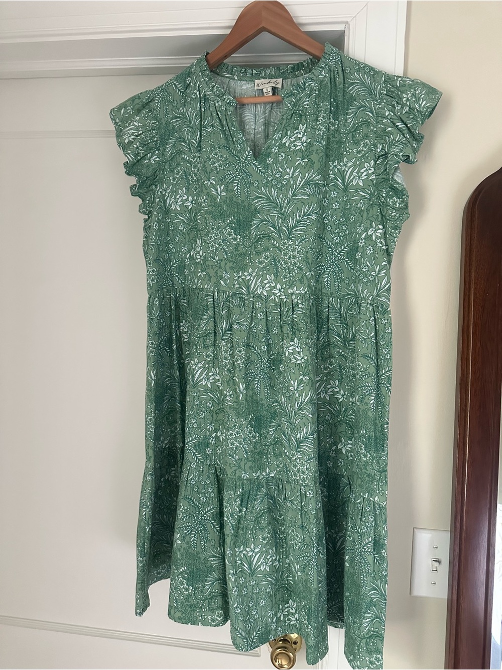 Green Floral Ruffle Sleeve 100% Cotton Dress